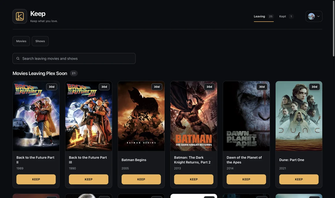 Keep’s Leaving page in dark mode, with collection shortcuts, search, movie posters, removal countdowns, and Keep buttons.