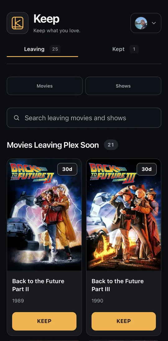 Keep’s Leaving page on a phone, with search, movie cards, removal countdowns, and Keep buttons.